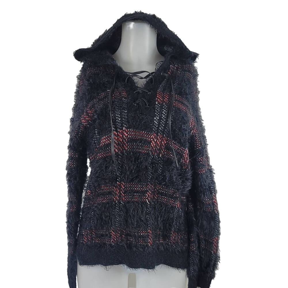 Rock Republic Red/Plaid Eyelash Faux Leather Lace Up Hooded Pullover Sweater M